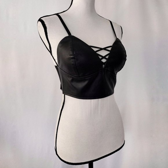 Like an Angel Black Vegan Leather Bustier Crop Top - Picture 2 of 11